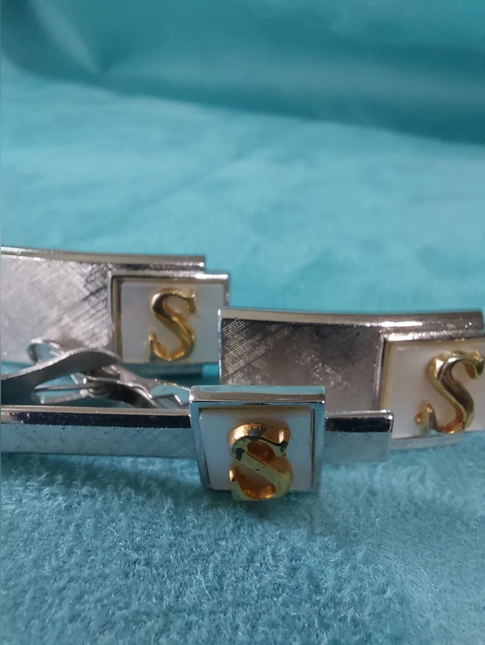 Swank Brushed Silvertone & Goldtone S Initial Cufflinks & Tie Clip Set, Vintage